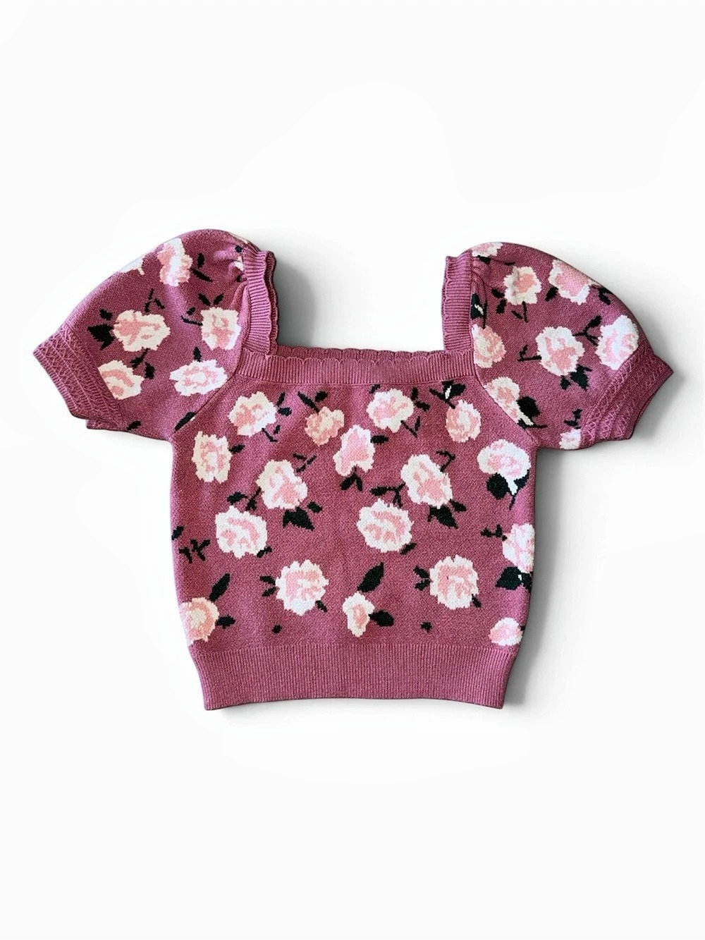 Willow & Wind Floral Square-Neck Knit Sweater Pink & White XS